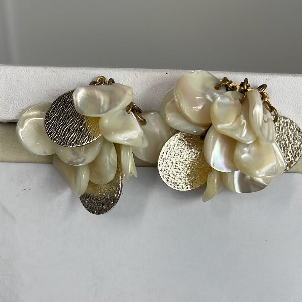 Vintage mother of pearl dangle disk clip earrings Japan.